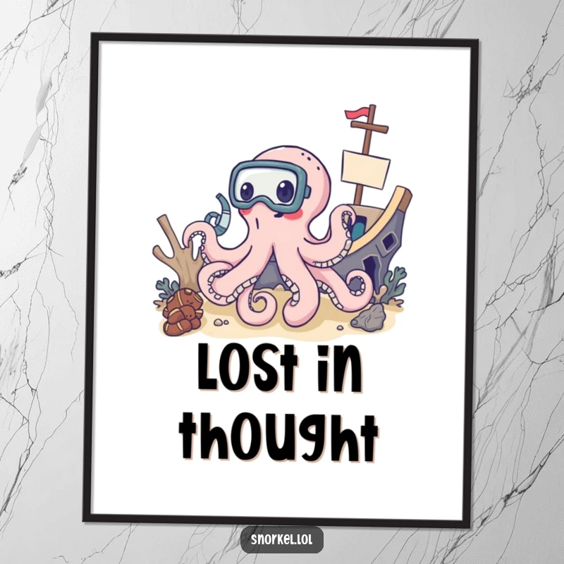 Funny delighted octopus wearing snorkel mask, shipwreck poster, underwater adventure art, excellent funny gift for decorators.
