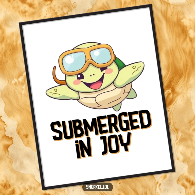 Funny Turtle Snorkel Poster displaying a happy turtle swimming with a snorkel mask and a big smile, creating cheerful underwater wall decor.