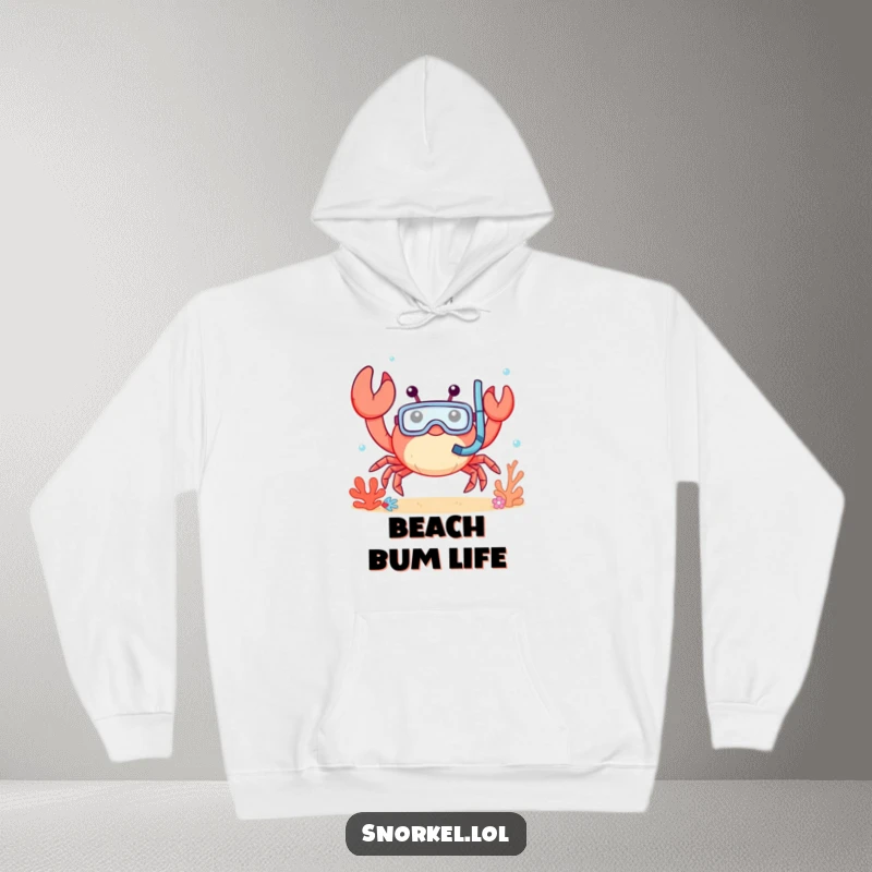 Funny crab hoodie, waving cheerfully underwater with snorkel mask. This cozy, happy crustacean design offers warmth and humor.