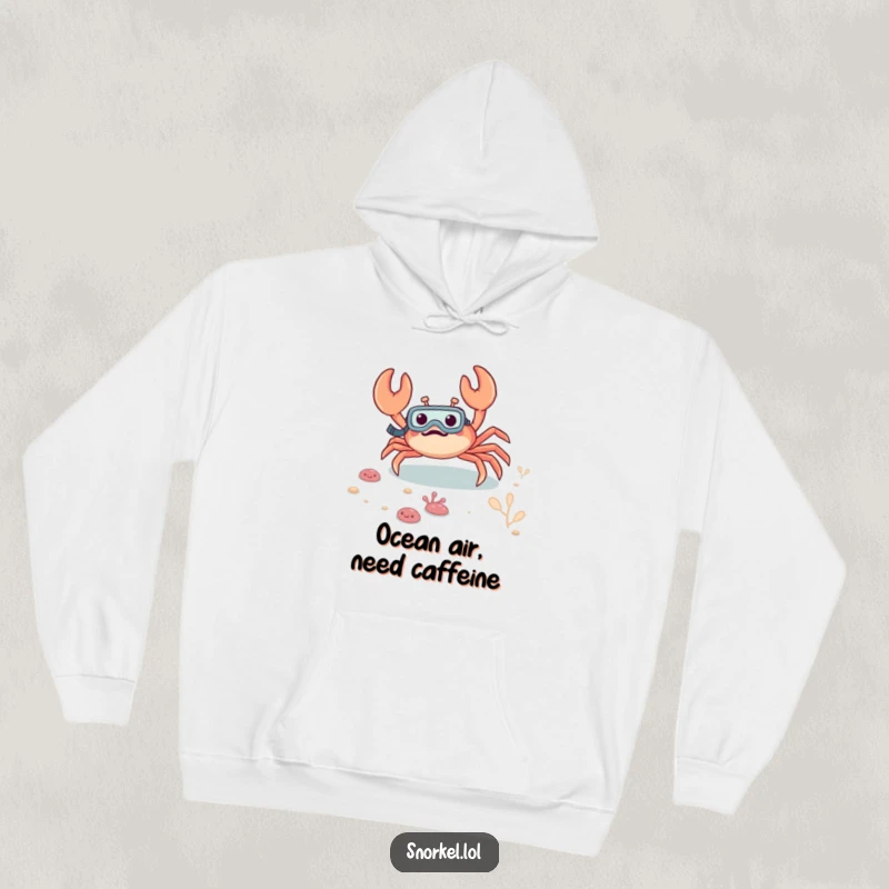 Funny crab hoodie, depicted excitedly scuttling on the seabed with a snorkel, radiating sea-faring fun and playful underwater charm.