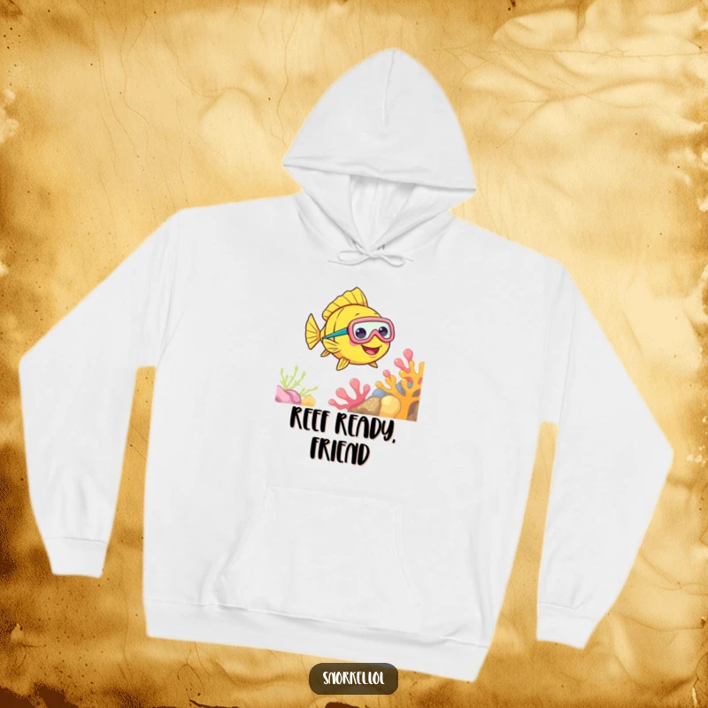 Funny Fish Snorkel Hoodie featuring a cheerful fish in a snorkel mask, swimming near coral, offering warmth and vibrant underwater style.