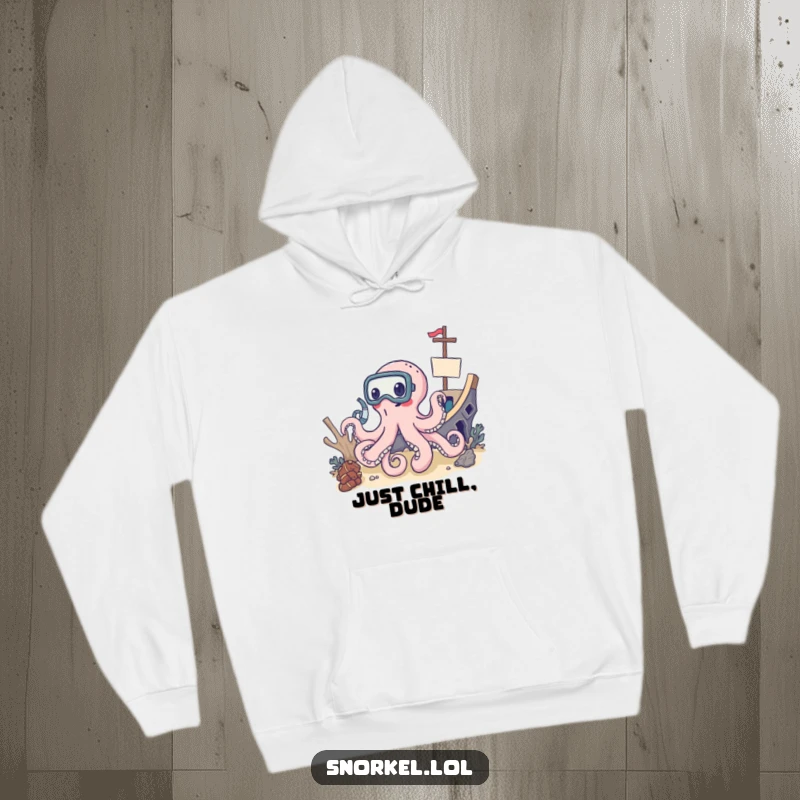 Funny delighted octopus wearing snorkel mask, cozy hoodie, shipwreck exploration theme, ideal funny gift for divers.
