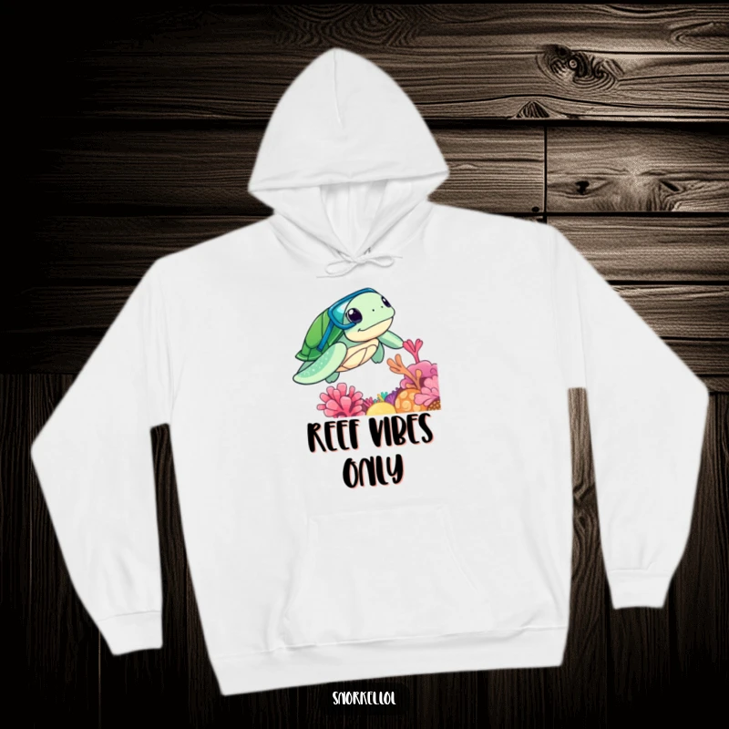 Funny sea turtle with snorkel, exploring a coral reef, on a warm hoodie, perfect funny gift.