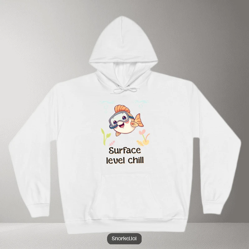 Funny happy fish wearing a snorkel mask, peeking out of water, on a warm hoodie, perfect funny gift.