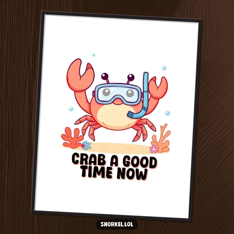 Funny Free Printable Wall Art showcasing a cheerful crab with a snorkel mask, waving from its underwater home with a big grin.