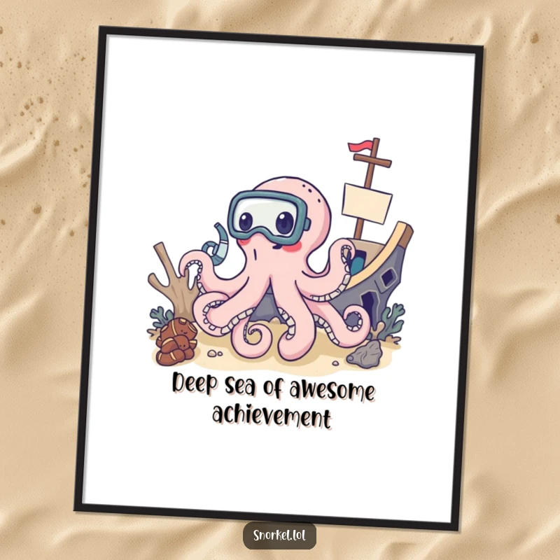 Funny Free Printable Wall Art: Delighted octopus with snorkel mask exploring a sunken shipwreck, full of cheerful curiosity.