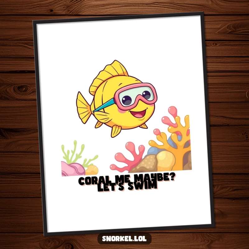 Funny Free Printable Wall Art: A cheerful fish wearing a snorkel mask swims happily near colorful coral.