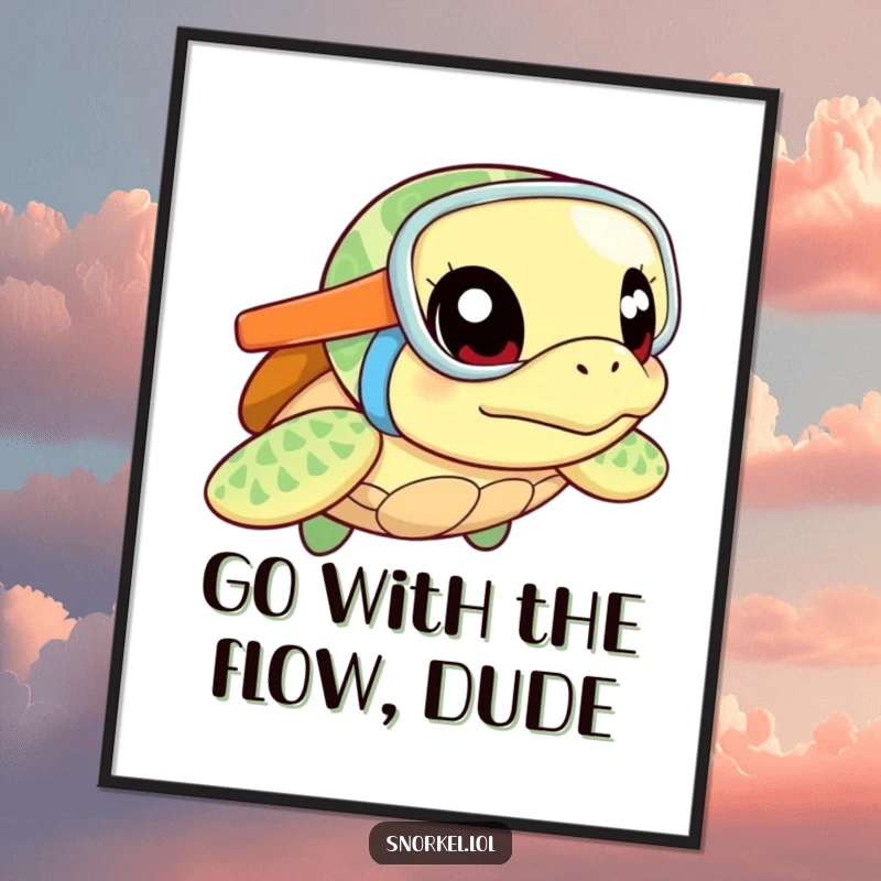 Funny Free Printable Wall Art: A curious sea turtle embraces the underwater world with a snorkel and an expression of pure excitement.
