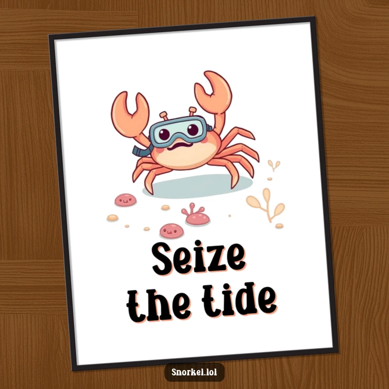 Funny Free Printable Wall Art: An excited crab with a snorkel, joyfully scuttling across the ocean floor in a whimsical underwater scene.