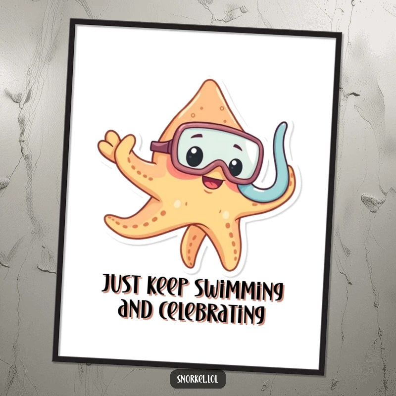 Funny Free Printable Wall Art: Curious starfish wearing a snorkel mask, waving a tentacle with a playful expression.