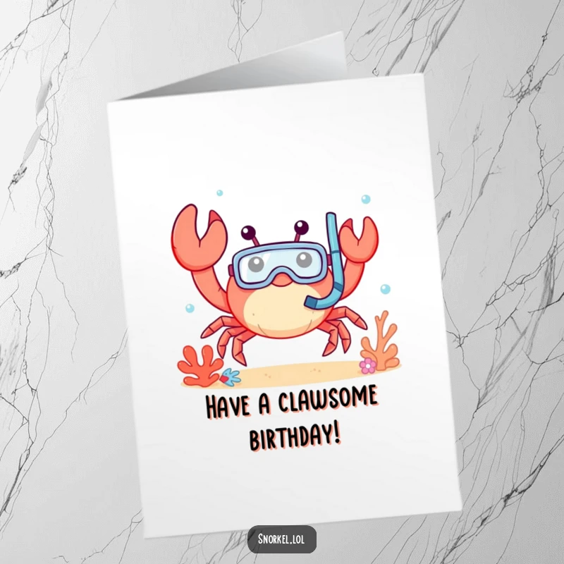 Funny Free Printable Birthday Card: A cheerful crab in a snorkel mask waves hello from underwater, ready for fun.