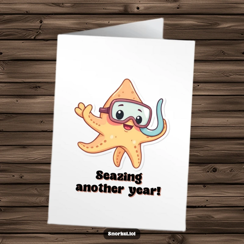 Funny Free Printable Birthday Card: Curious starfish in snorkel mask waving hello underwater, ready for fun.