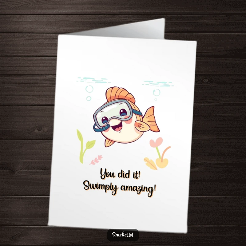 Funny Free Printable Congratulations Card: A happy fish with a snorkel mask emerges from the water, celebrating.