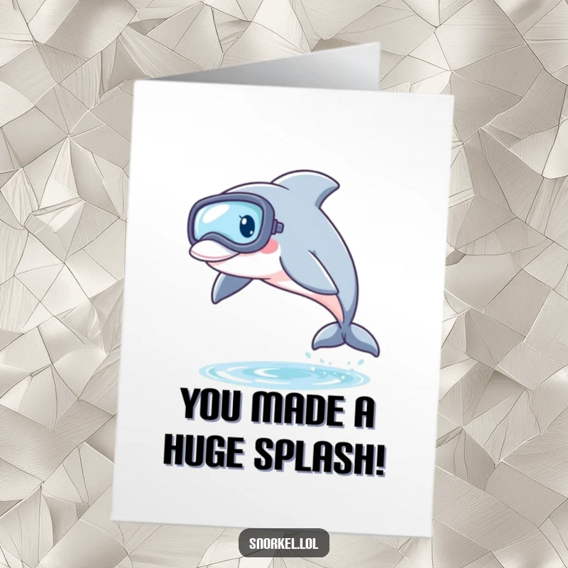 Funny Free Printable Congratulations Card: A joyous dolphin with a snorkel mask leaps from the water, celebrating a win.