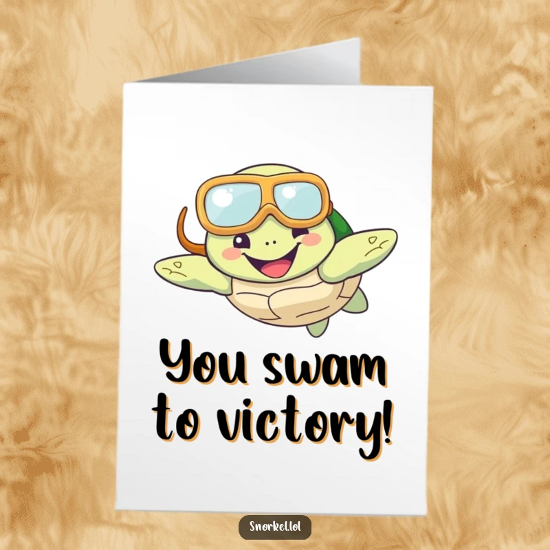 Funny Free Printable Congratulations Card: A happy turtle sporting a snorkel mask swims joyfully, celebrating a big win.