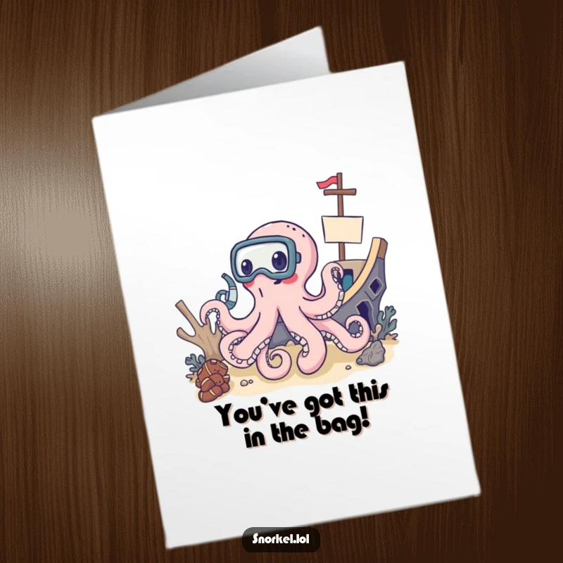 Funny Free Printable Congratulations Card: Delighted octopus in snorkel mask exploring a shipwreck, signifying discovery.