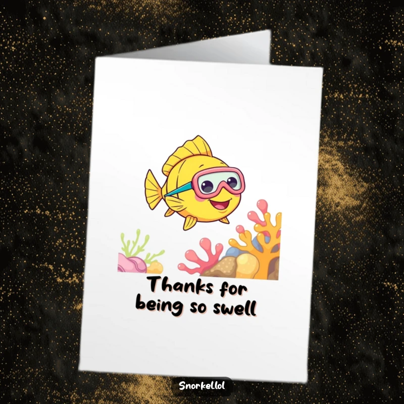 Funny Free Printable Thank You Card: A cheerful fish with a snorkel mask swims by coral, expressing thanks.