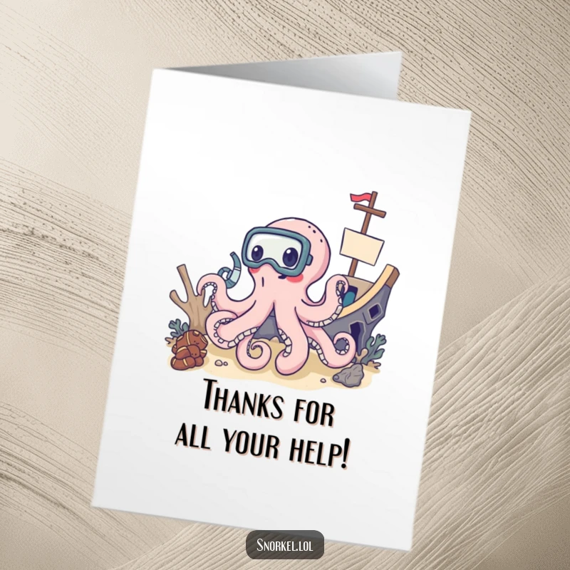 Funny Free Printable Thank You Card: Octopus wearing snorkel mask looking curiously at a shipwreck, a fun thank you.