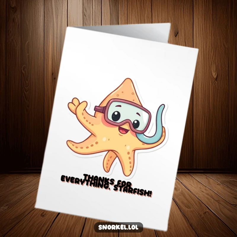 Funny Free Printable Thank You Card: Starfish in snorkel mask waving a tentacle, expressing gratitude humorously.