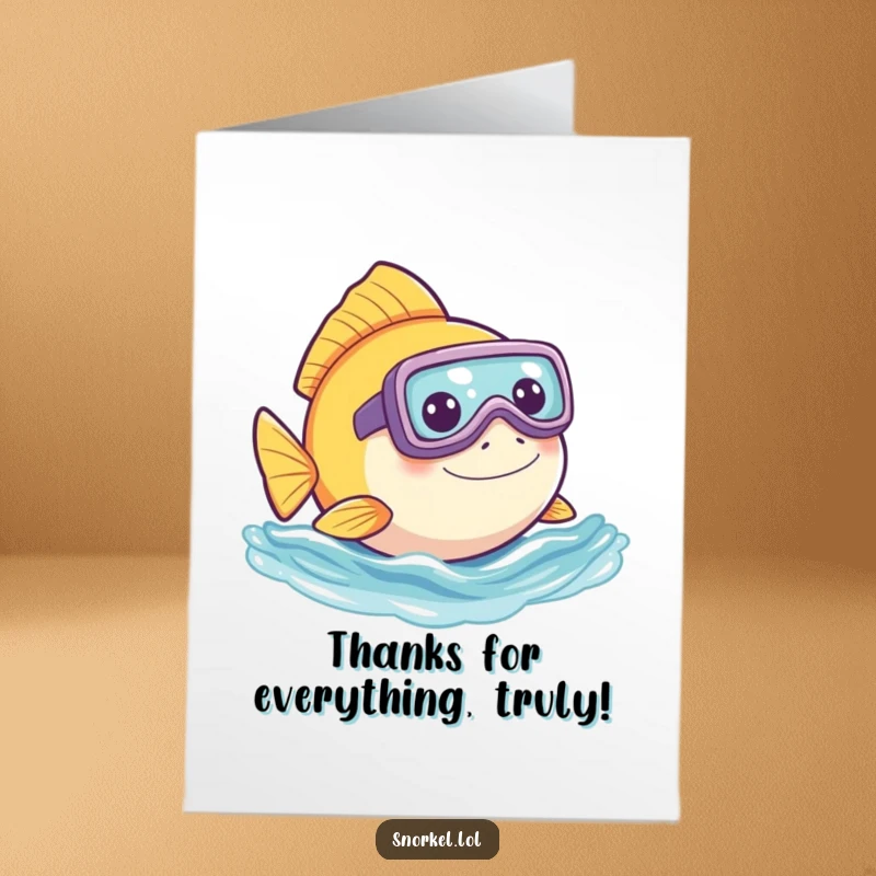 Funny Free Printable Thank You Card: A curious fish with a snorkel peeks out of the water, offering thanks with a smile.