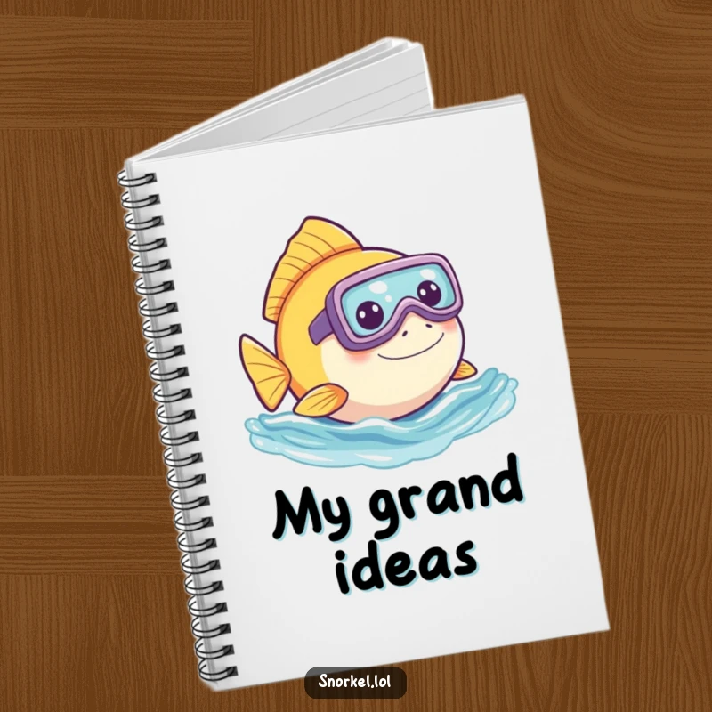 Funny fish notebook, playfully peeking out of water with snorkel. This humorous creature design is perfect for notes.