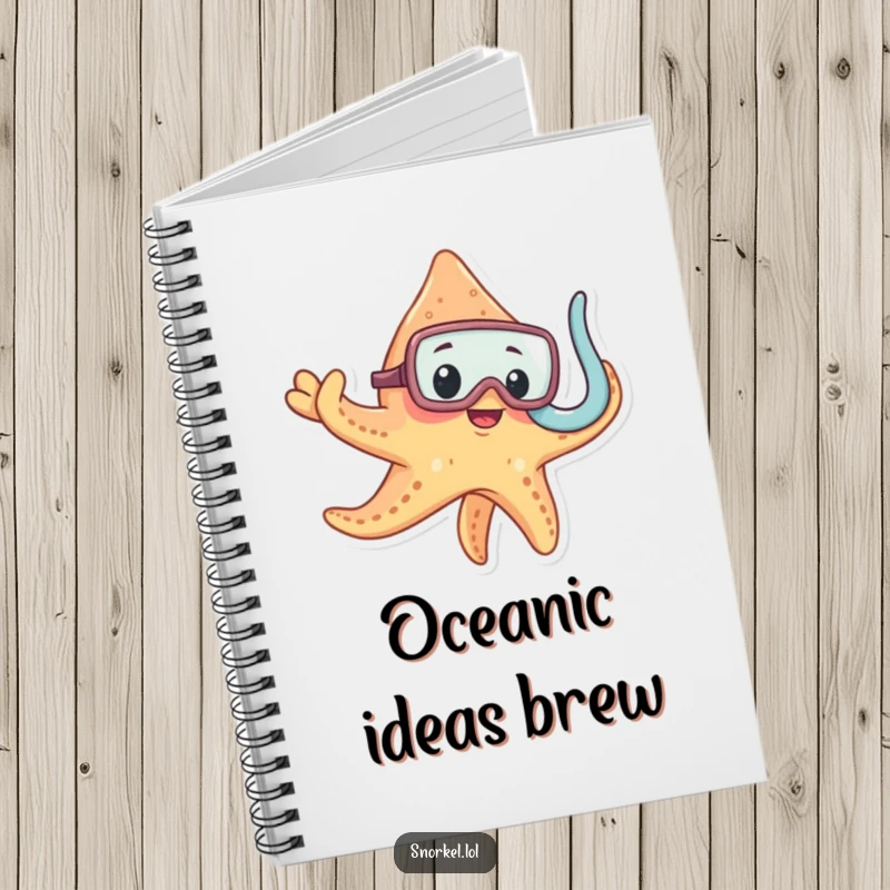 Funny curious starfish wearing snorkel mask, spiral notebook, ocean-themed stationery, ideal funny gift for note-takers.