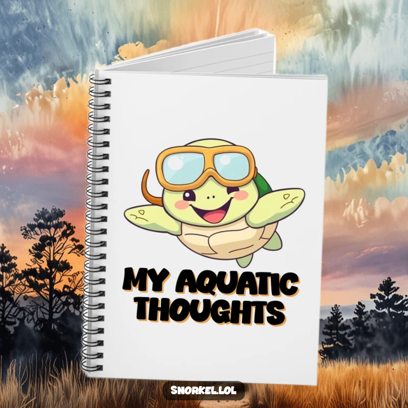 Funny Turtle Snorkel Notebook featuring a happy turtle wearing a snorkel mask and swimming with a smile, ideal for journaling and creative writing.