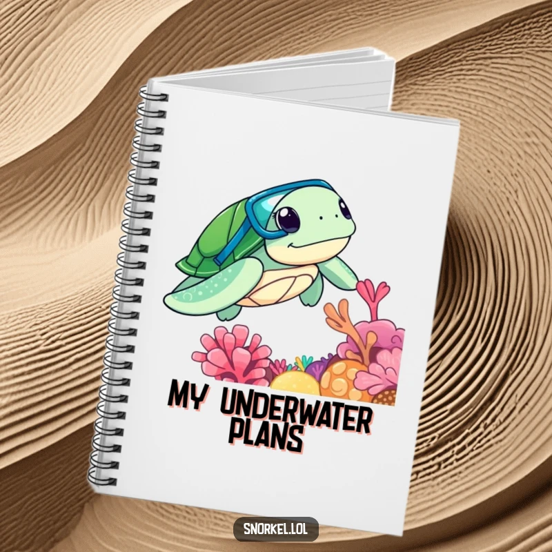 Funny sea turtle wearing snorkel, exploring coral reef, on a notebook cover, excellent funny gift.