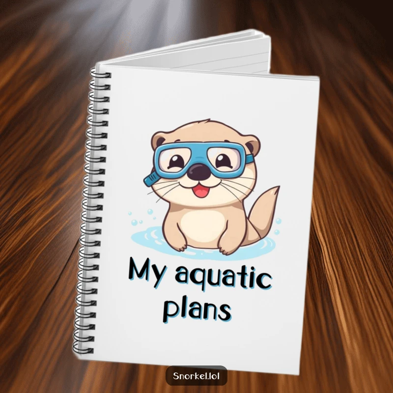Funny otter notebook with goggles and snorkel, writing happily. This cheerful creature design is perfect for journaling and notes.