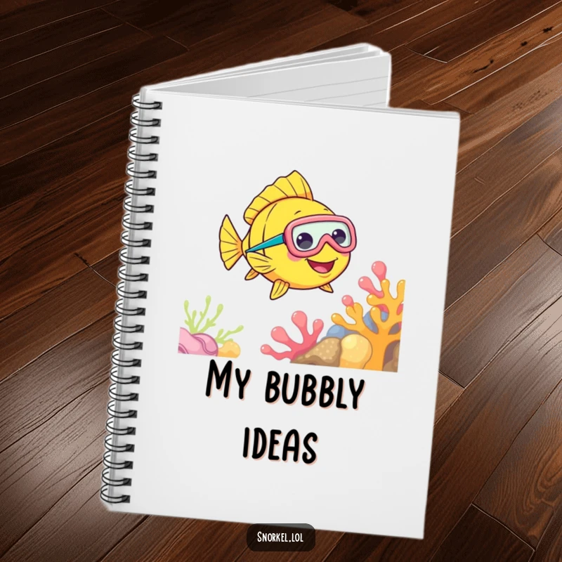 Funny Fish Snorkel Notebook featuring a cheerful fish with a snorkel mask, swimming near coral, ideal for journaling and creative writing.