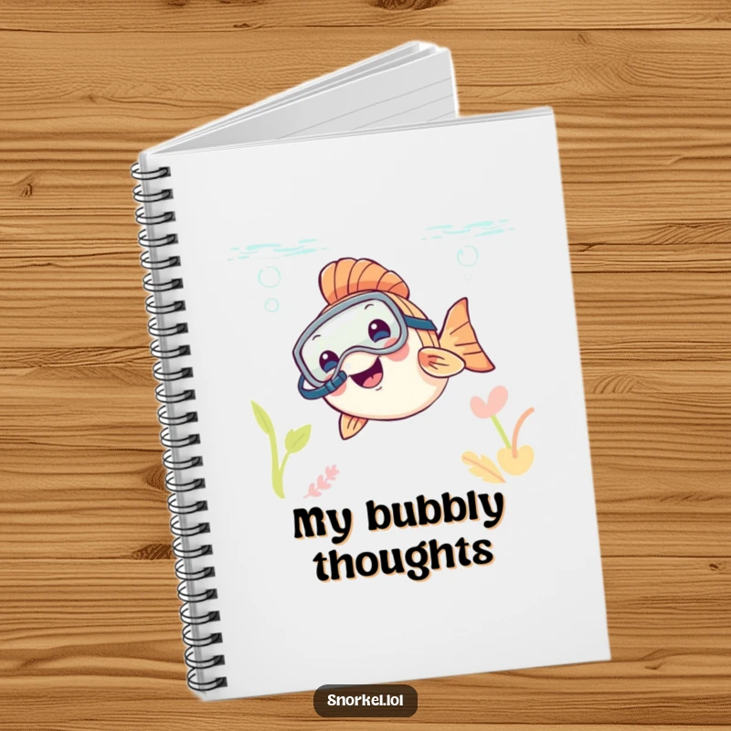 Funny fish wearing snorkel mask, peeking from water, on a notebook cover, excellent funny gift.