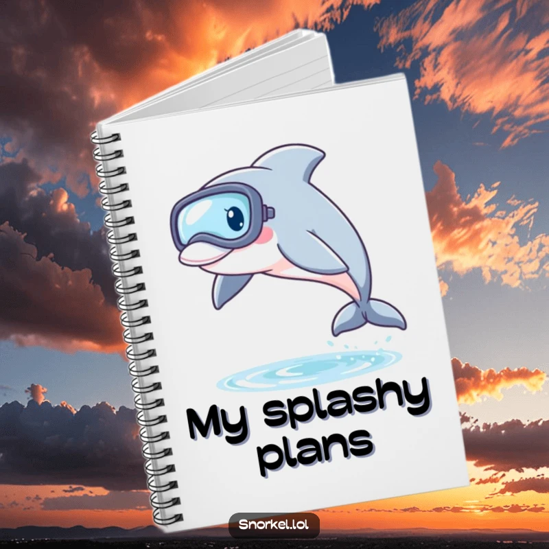 Funny Dolphin Snorkel Notebook featuring a playful dolphin with a snorkel mask, leaping from the water, ideal for journaling and creative writing.