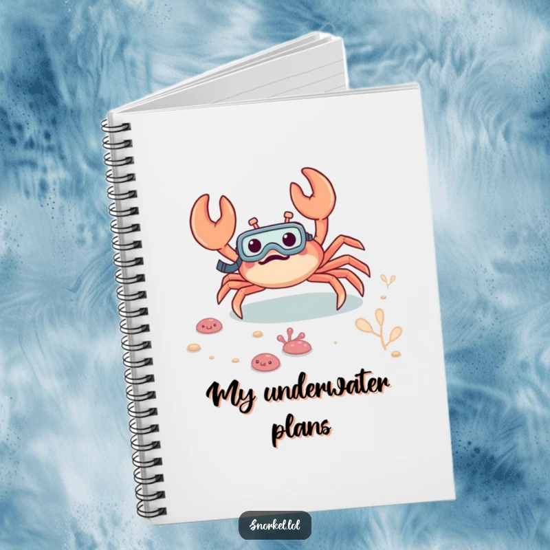 Funny crab notebook, excitedly scuttling on the seabed with a snorkel, designed for capturing notes and inspired marine thoughts.