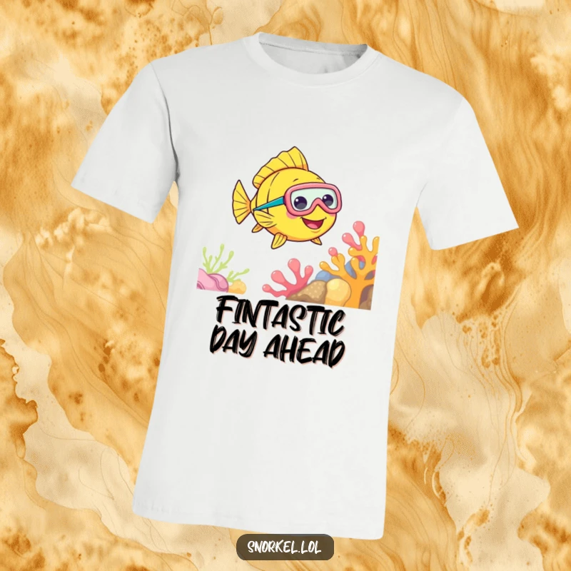 Funny Fish Snorkel T-Shirt featuring a cheerful fish with a snorkel mask, swimming near coral, ideal for aquatic-themed casual wear.