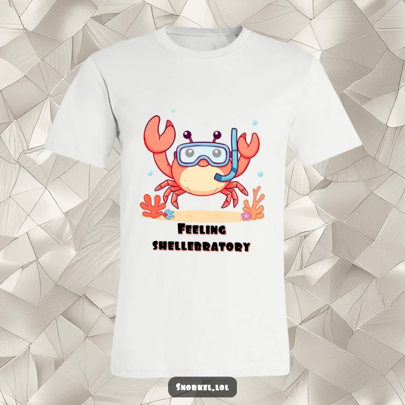 Funny crab t-shirt, waving cheerfully underwater with snorkel mask. This happy sea creature shirt is a humorous statement.