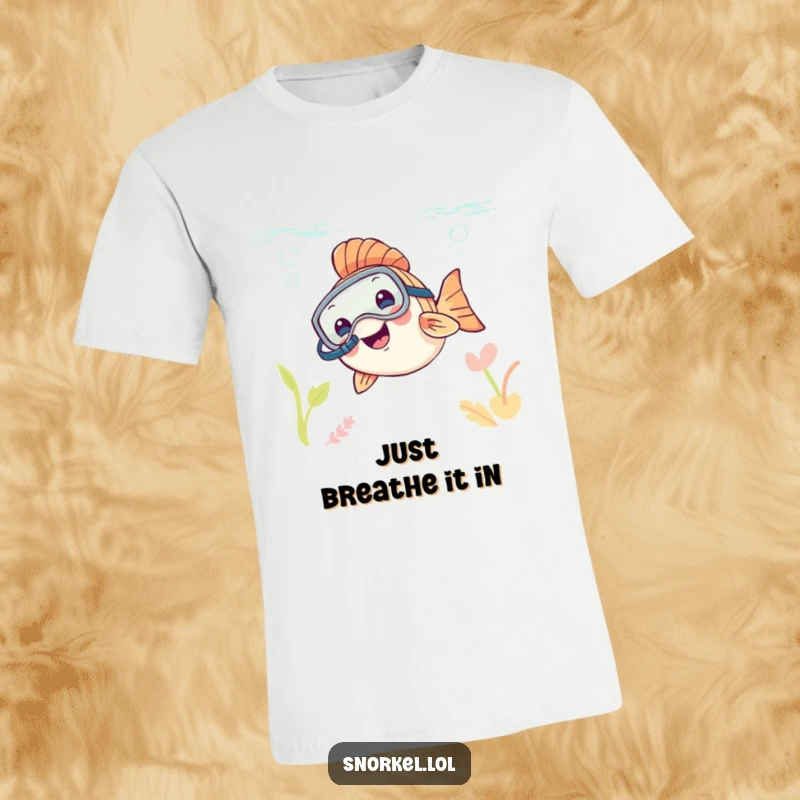Funny fish with a snorkel mask, peeking out of the water with a happy expression, printed on a tee, excellent funny gift.