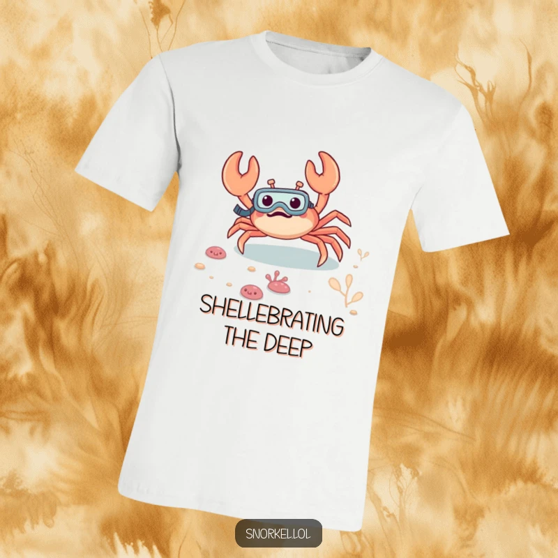 Funny crab t-shirt, excitedly scuttling along the seabed wearing a snorkel, embodying underwater exploration and hilarious ocean vibes.