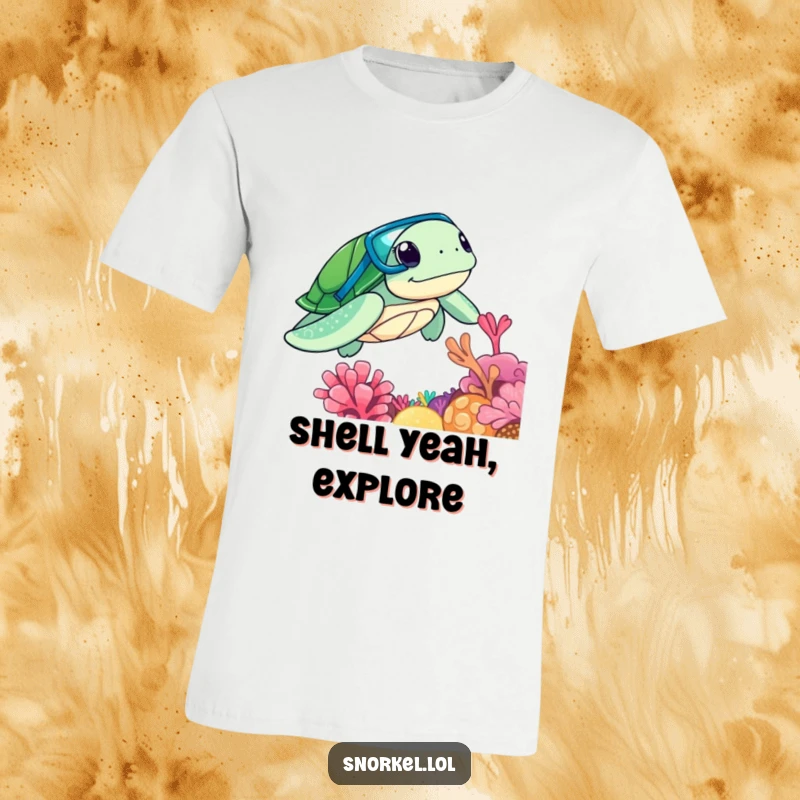 Funny sea turtle with snorkel mask, exploring a coral reef with curiosity, printed on a tee, excellent funny gift.