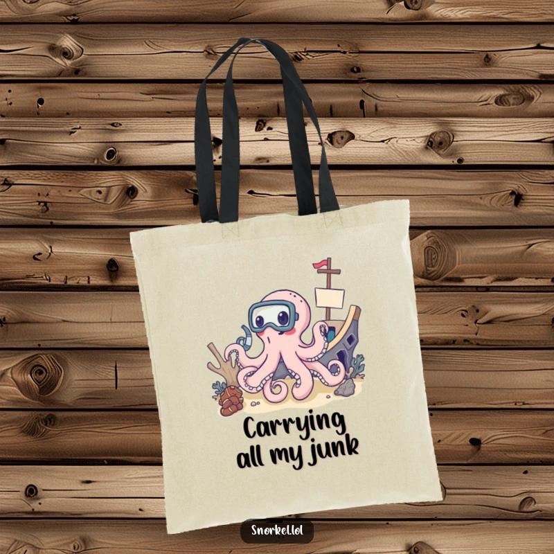 Funny octopus in snorkel mask exploring shipwreck, nautical tote bag, delighted deep-sea explorer, fantastic funny gift.