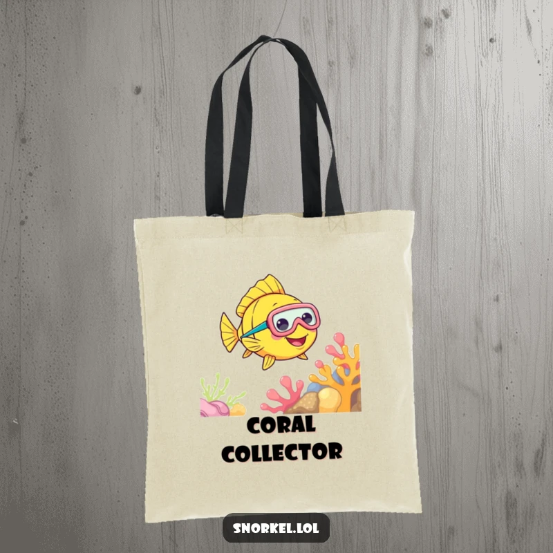 Funny Fish Snorkel Tote Bag showing a cheerful fish with a snorkel mask, swimming near coral, perfect for carrying items with aquatic flair.