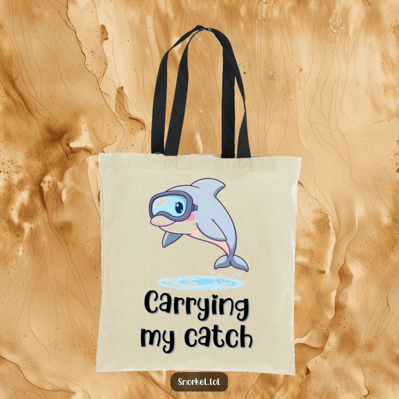 Funny Dolphin Snorkel Tote Bag showing a playful dolphin with a snorkel mask, leaping from the water, perfect for carrying essentials with aquatic flair.