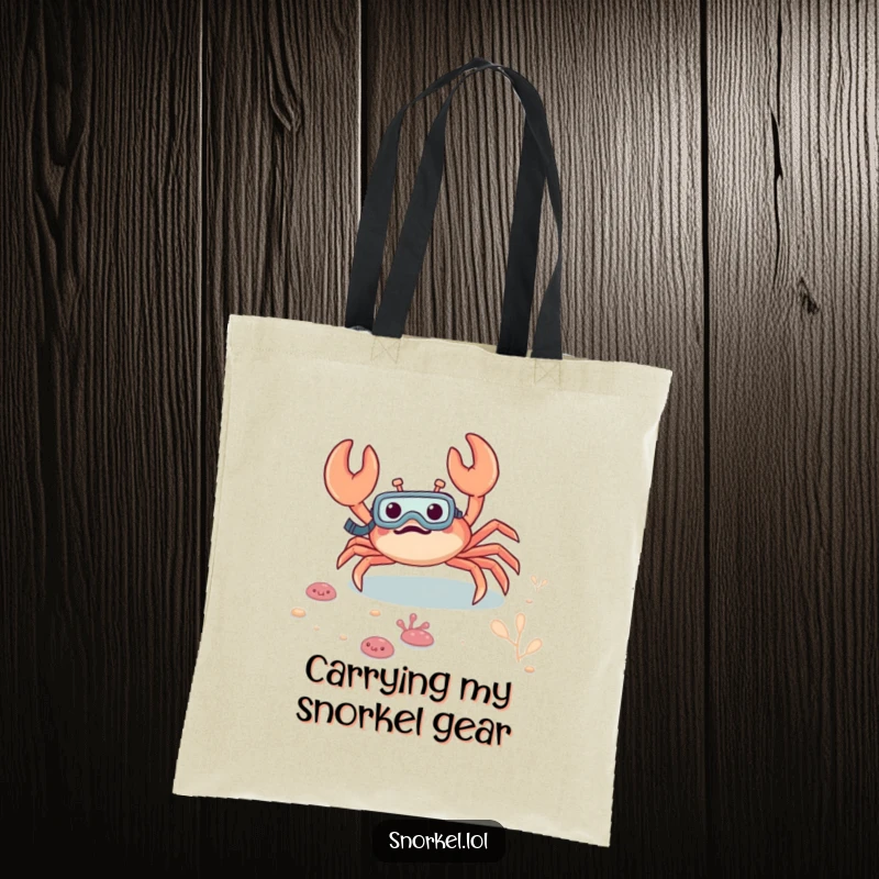 Funny crab tote bag, excitedly scuttling on the seabed with a snorkel, designed for ocean lovers and those who appreciate aquatic humor.