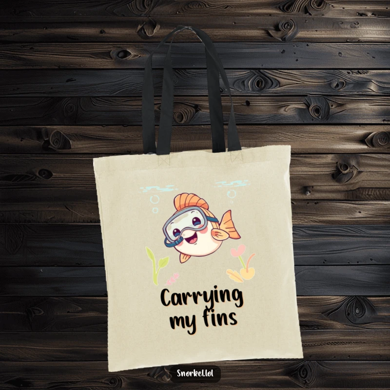 Funny fish with snorkel mask, peeking from water, on a practical tote bag, ideal funny gift.