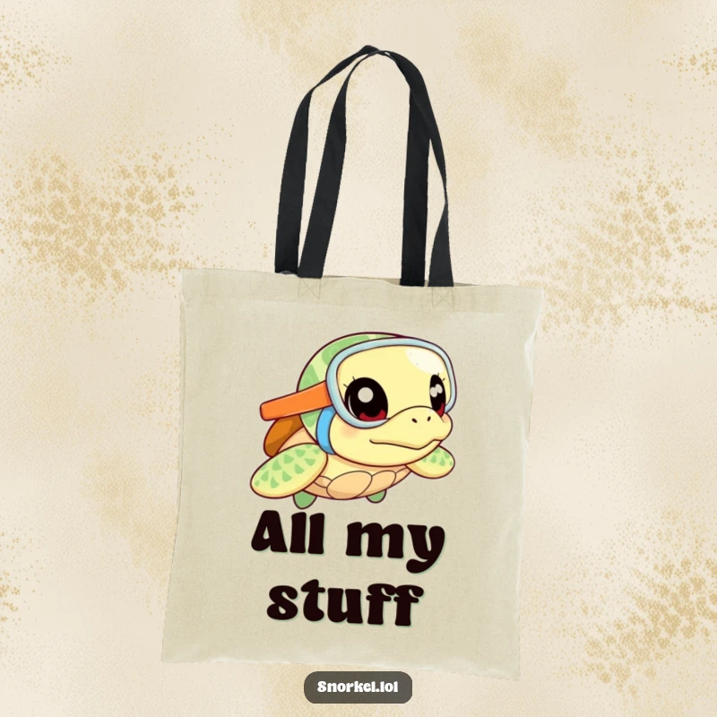 Funny sea turtle tote bag, excited with snorkel, ready for adventure. This durable, curious design is great for daily use.